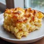 A thick, baked square serving of creamy Chick-fil-A Mac and Cheese with a golden-brown, bubbly cheese crust.