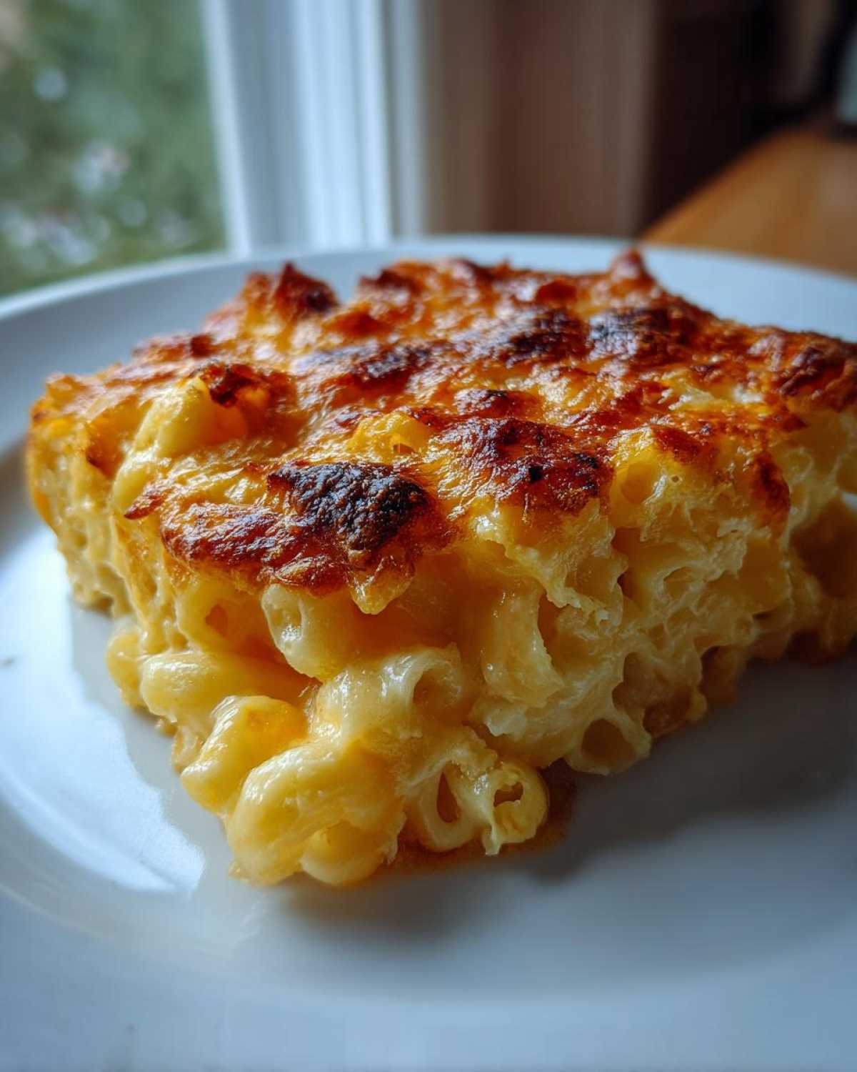 A close-up of a square serving of creamy, baked Chick-fil-A Mac and Cheese with a golden-brown, cheesy crust.