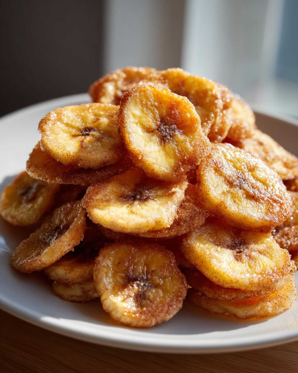 A close-up stack of golden, crispy Cinnamon Sugar Air Fryer Banana Chips dusted heavily with cinnamon and sugar.
