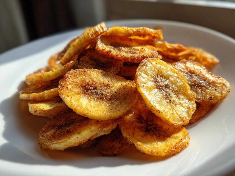 A close-up of crispy Cinnamon Sugar Air Fryer Banana Chips piled on a white plate, glistening in the sunlight.