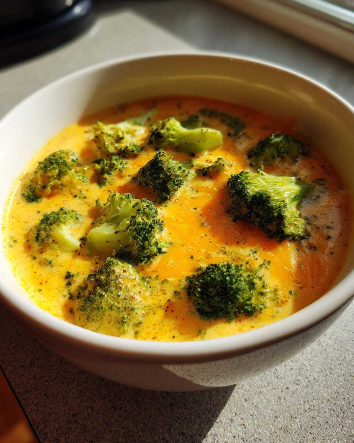 A white bowl filled with bright orange, creamy Broccoli and Cheddar Soup topped with vibrant green broccoli florets.