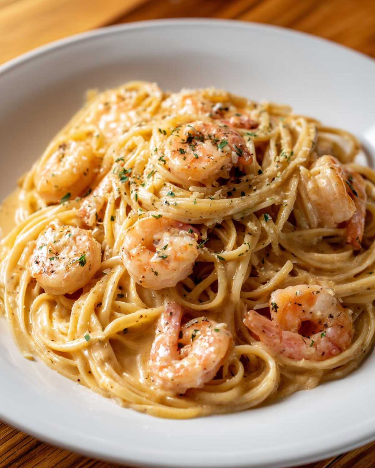 Close-up of creamy Garlic Butter Shrimp Pasta tossed with linguine and topped with seasoned shrimp and parsley.