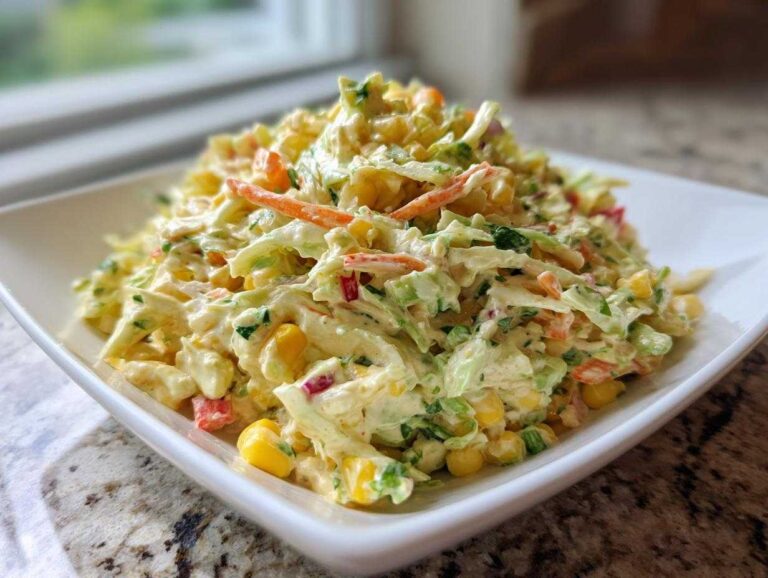 A close-up of creamy Jalapeno Corn Coleslaw featuring shredded cabbage, corn kernels, and carrots in a white dish.