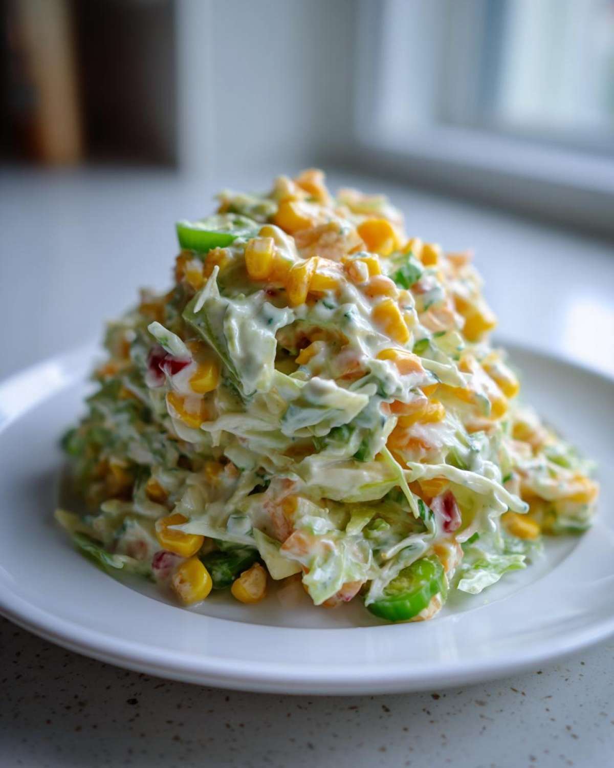 A tall mound of creamy Jalapeno Corn Coleslaw featuring shredded cabbage, bright yellow corn, and green jalapeno slices on a white plate.
