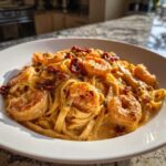 A close-up of a white bowl filled with creamy Marry Me Shrimp Pasta, featuring large shrimp and sun-dried tomatoes.
