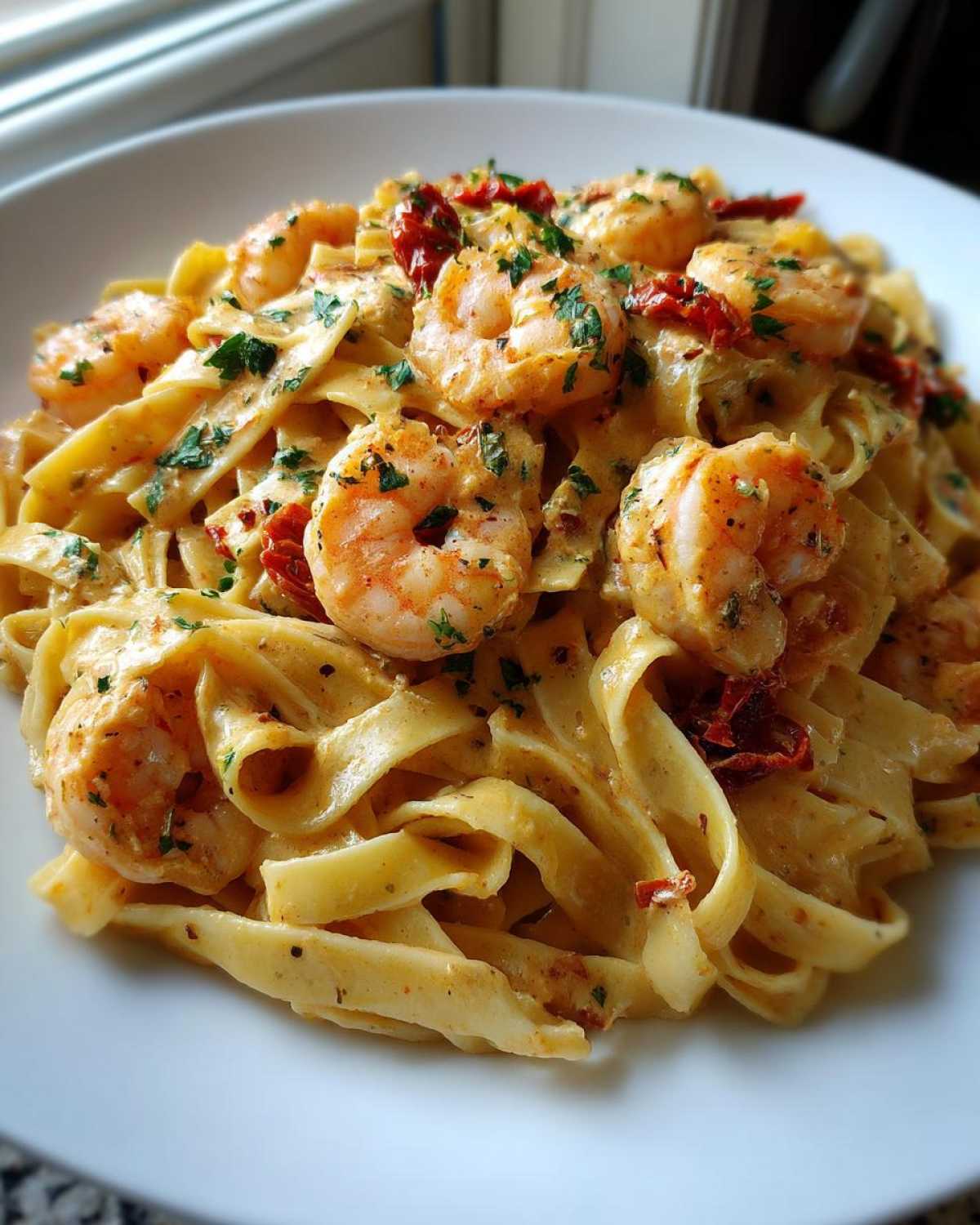 A close-up serving of creamy Marry Me Shrimp Pasta featuring fettuccine noodles, plump shrimp, and sun-dried tomatoes, garnished with parsley.