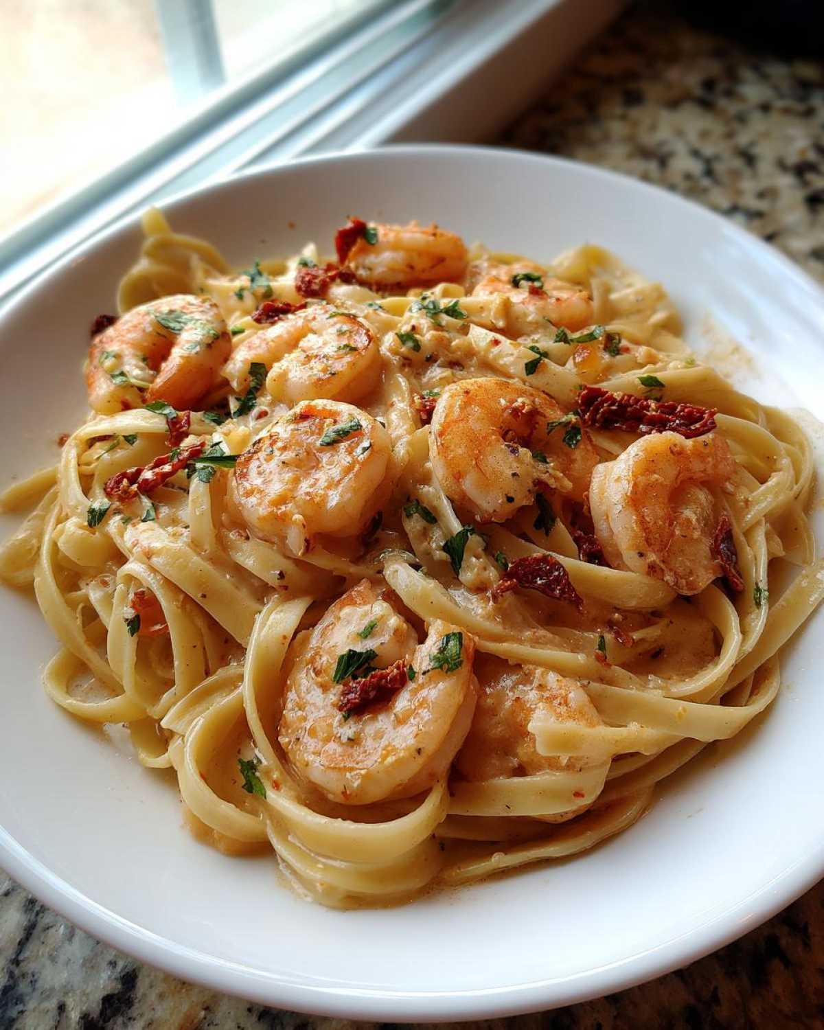 A white bowl filled with Marry Me Shrimp Pasta featuring fettuccine, creamy sauce, shrimp, and sun-dried tomatoes.