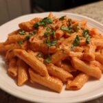 A close-up of a serving of Penne alla Vodka coated in a rich, creamy pink sauce, garnished with fresh basil.