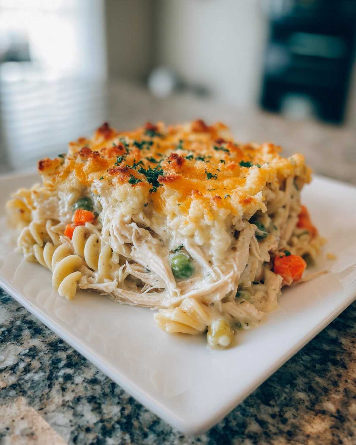 A generous serving of creamy Turkey Casserole featuring rotini pasta, shredded turkey, peas, carrots, and a golden, cheesy topping.
