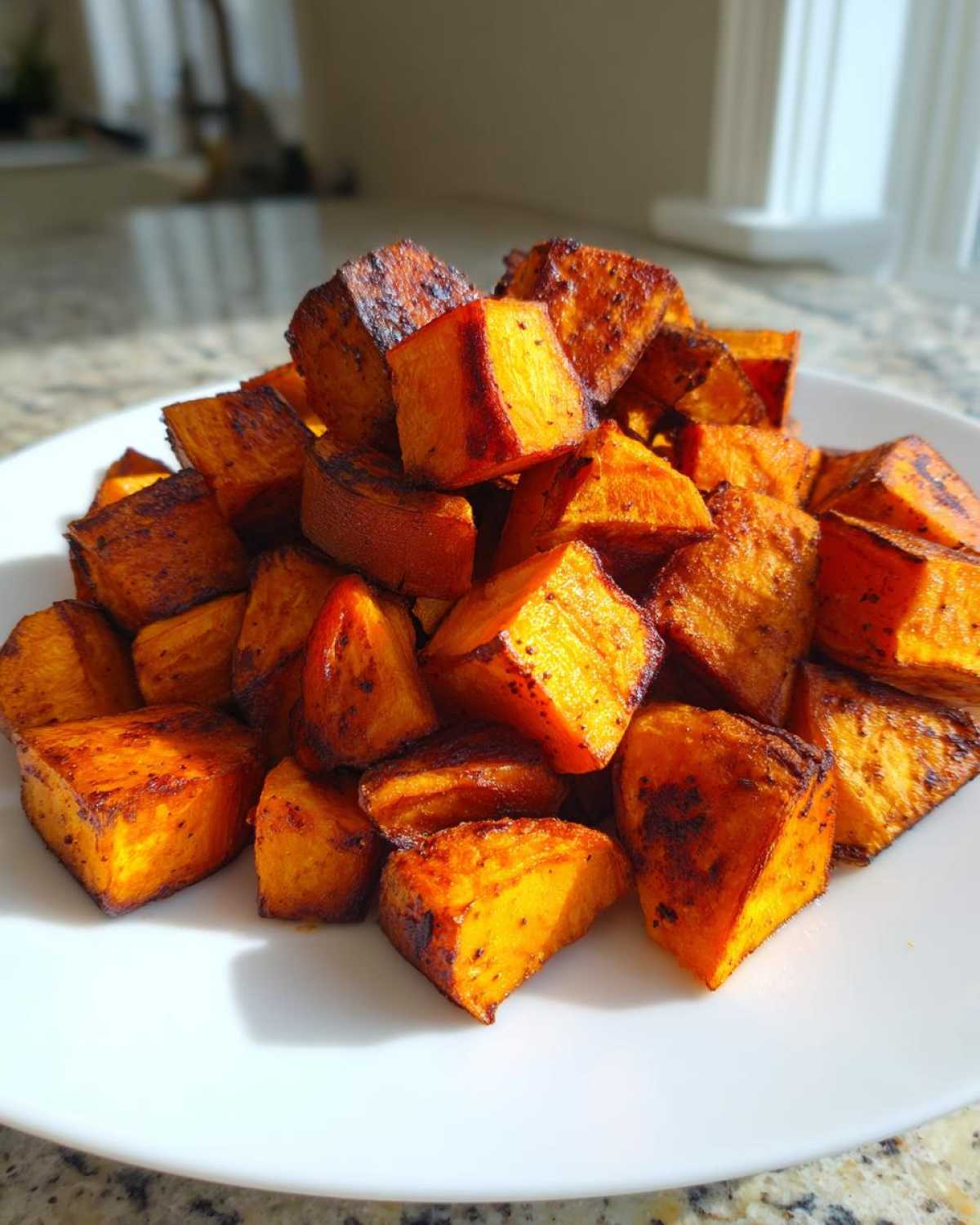 A mound of vibrant orange, caramelized Crispy Roasted Sweet Potatoes piled high on a white plate.