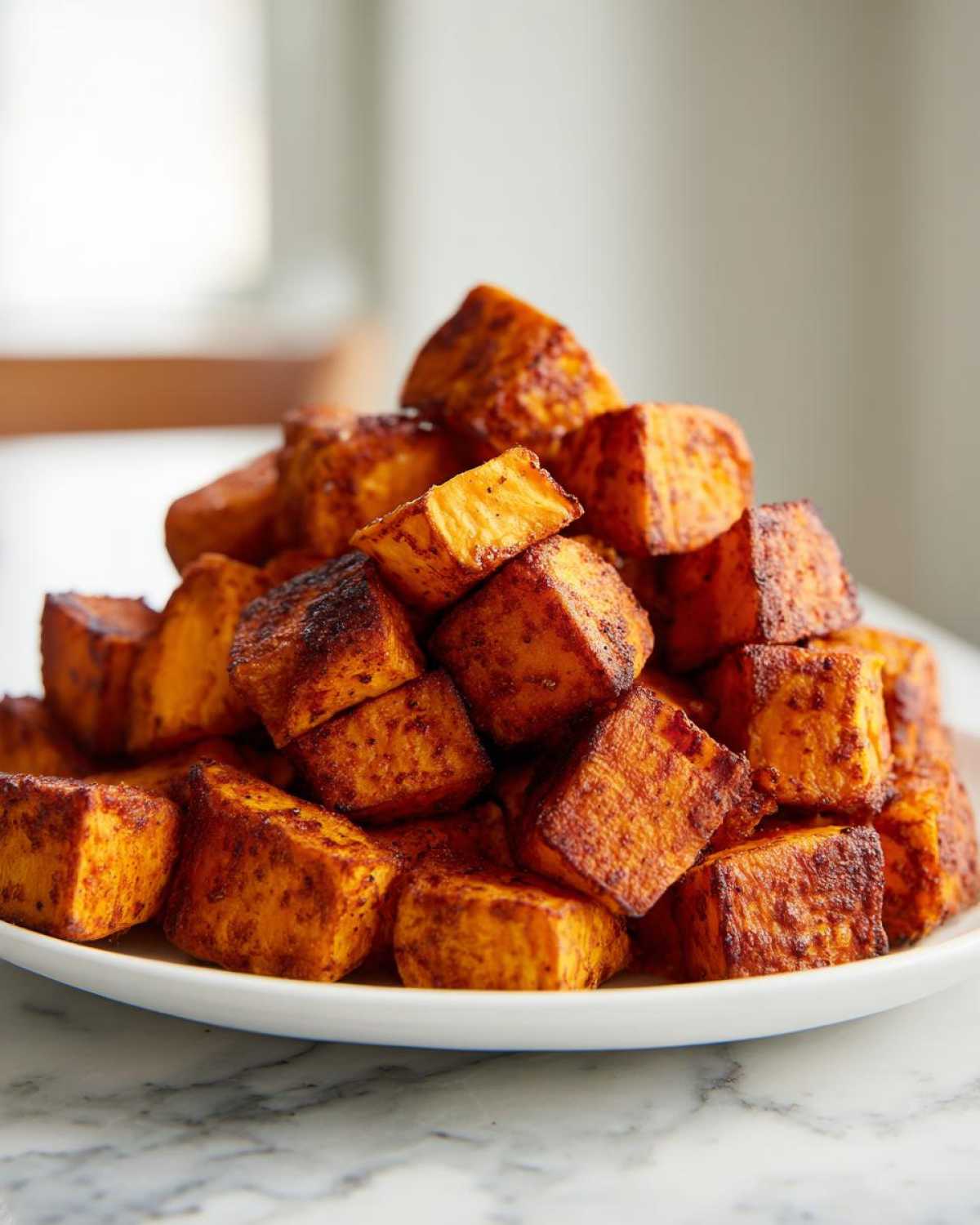A mound of perfectly seasoned and Crispy Roasted Sweet Potatoes cubes piled high on a white plate.