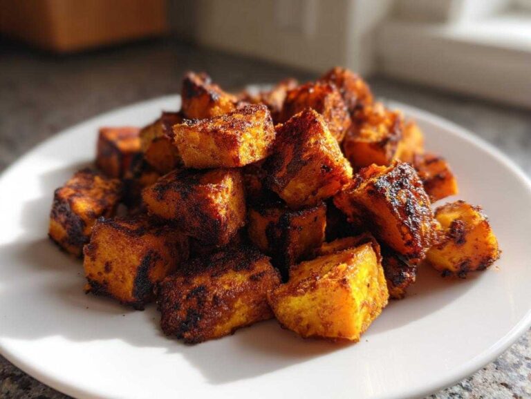 A pile of perfectly Crispy Roasted Sweet Potatoes cubes with caramelized, dark edges on a white plate.