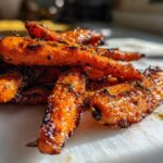 Close-up of perfectly caramelized and crispy smashed carrot bites, oven roasted to a deep orange color.