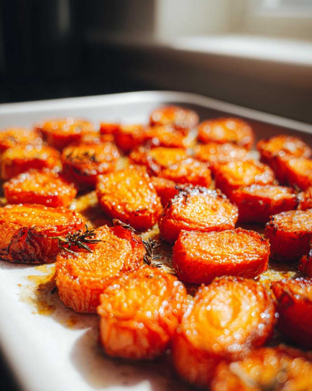 Close-up of shiny, oven-roasted Crispy Smashed Carrot Bites seasoned with herbs on a white baking sheet.