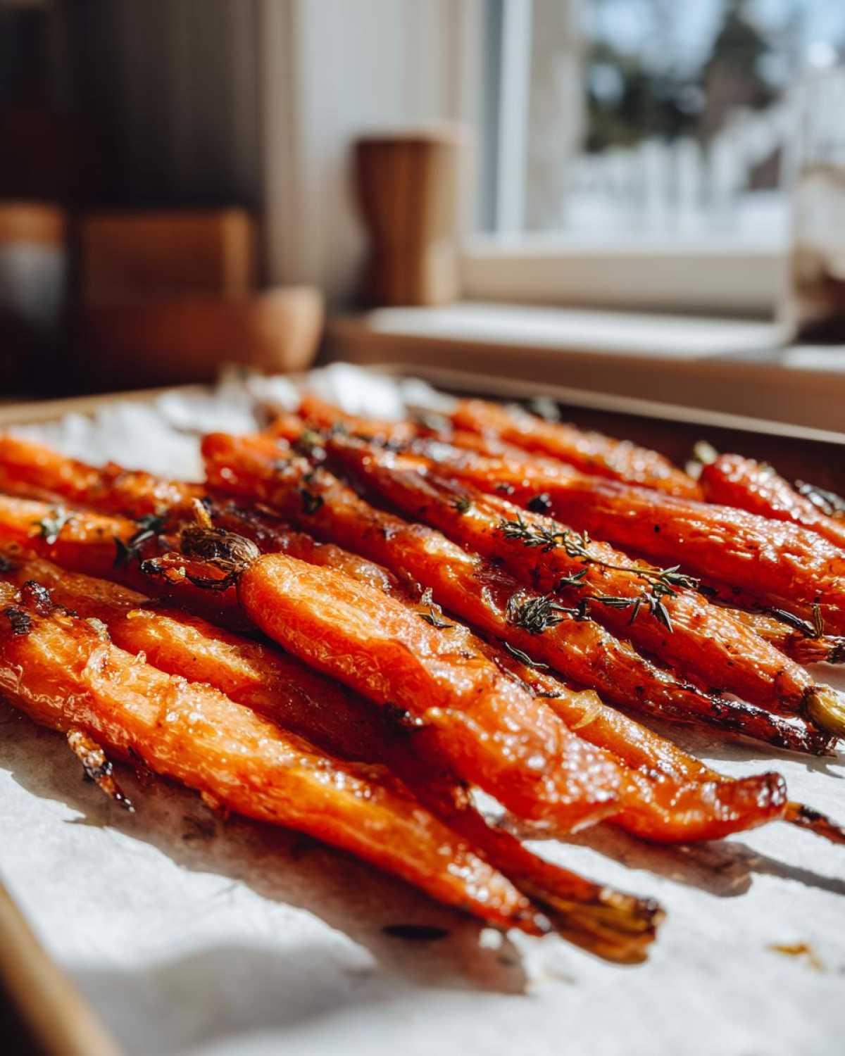 Close-up of glossy, oven-roasted Crispy Smashed Carrot Bites seasoned with herbs on parchment paper.