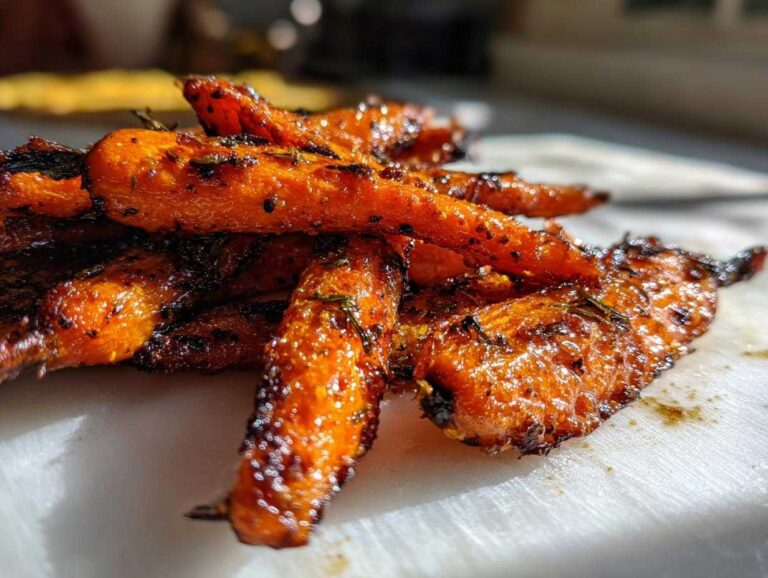 Close-up of perfectly caramelized and crispy smashed carrot bites, oven roasted to a deep orange color.