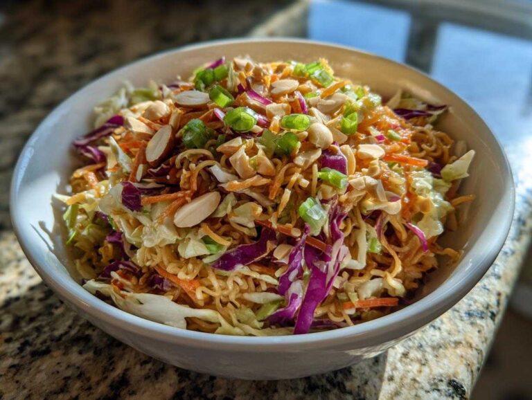 A white bowl filled with Crunchy Asian Ramen Noodle Salad, topped with peanuts and green onions.