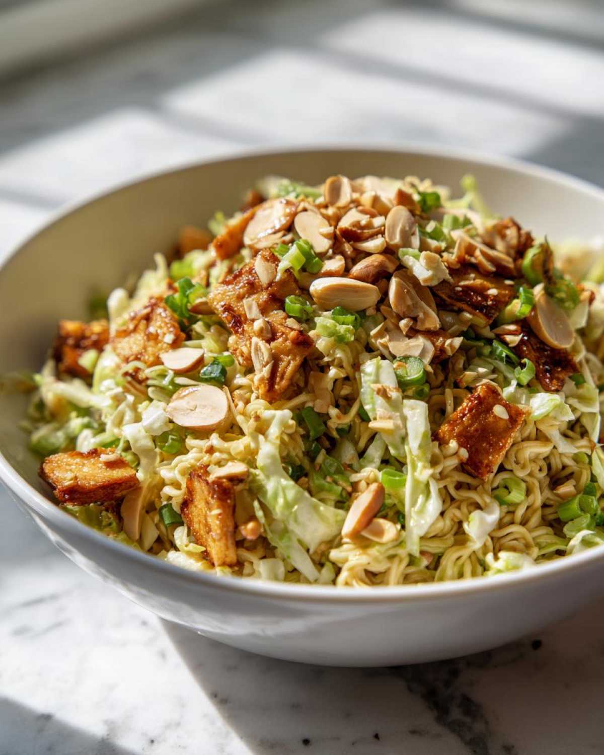 A close-up of Crunchy Asian Ramen Noodle Salad featuring ramen noodles, cabbage, toasted almonds, and green onions.