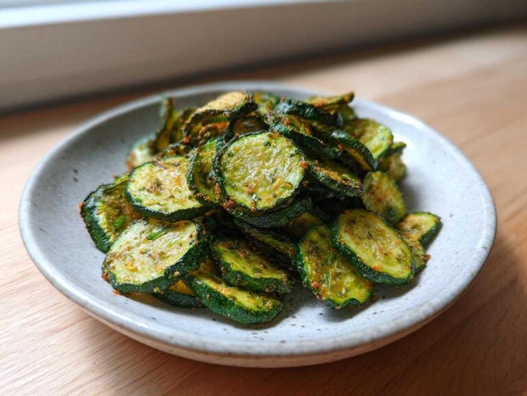 A close-up of a small, light gray bowl filled with seasoned, thinly sliced Crunchy Ranch Cucumber Chips.