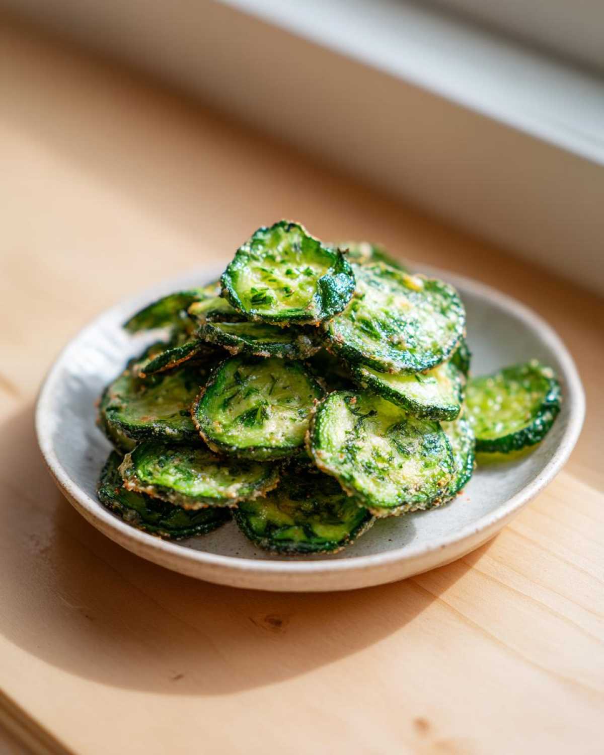 A small bowl filled with crispy, seasoned Crunchy Ranch Cucumber Chips stacked high on a light wooden surface.