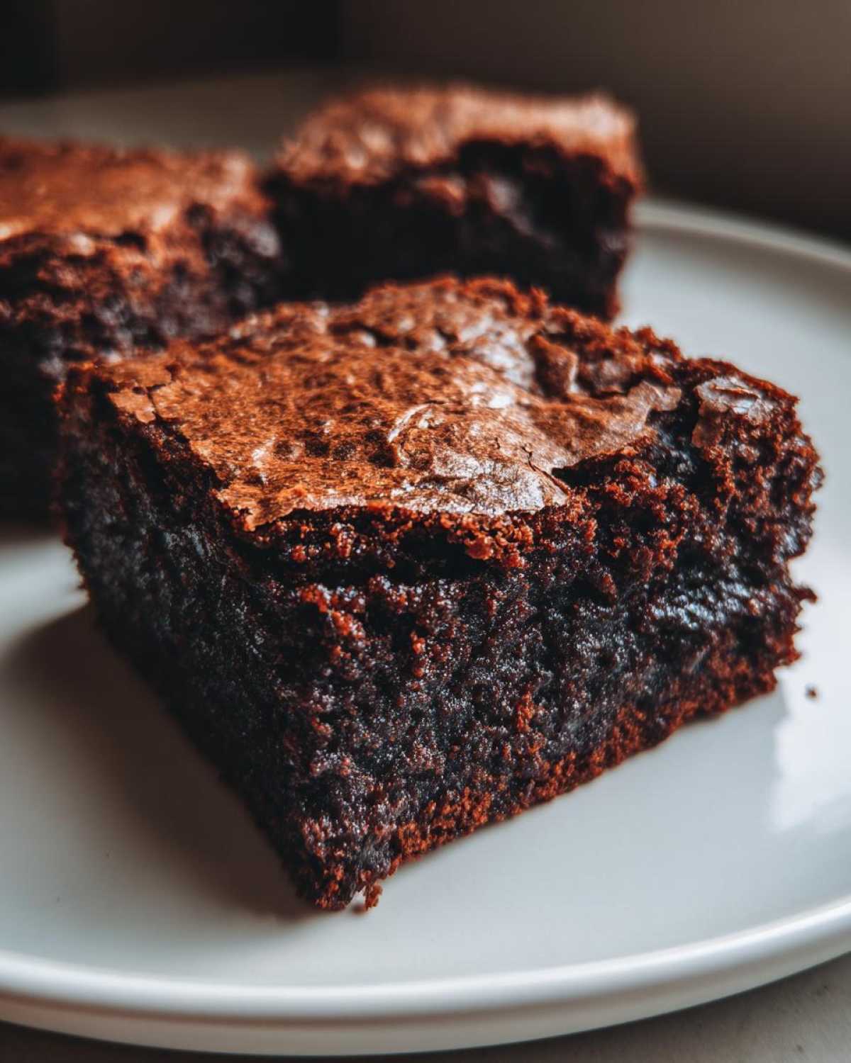 Close-up of a square slice of Easy Chewy Brownies Recipe Fudgy Brownies showing a shiny, crackly top and dense interior.