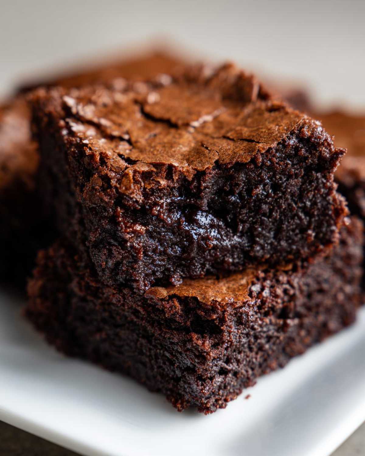Close-up of two stacked, rich, dark Easy Chewy Brownies Recipe Fudgy Brownies squares with shiny, cracked tops.