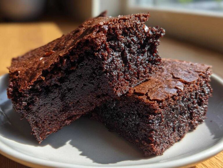 Amazing 1 Easy Chewy Brownies Recipe Fudgy Brownies Two rich, dark squares of Easy Chewy Brownies Recipe Fudgy Brownies stacked slightly on a light plate.