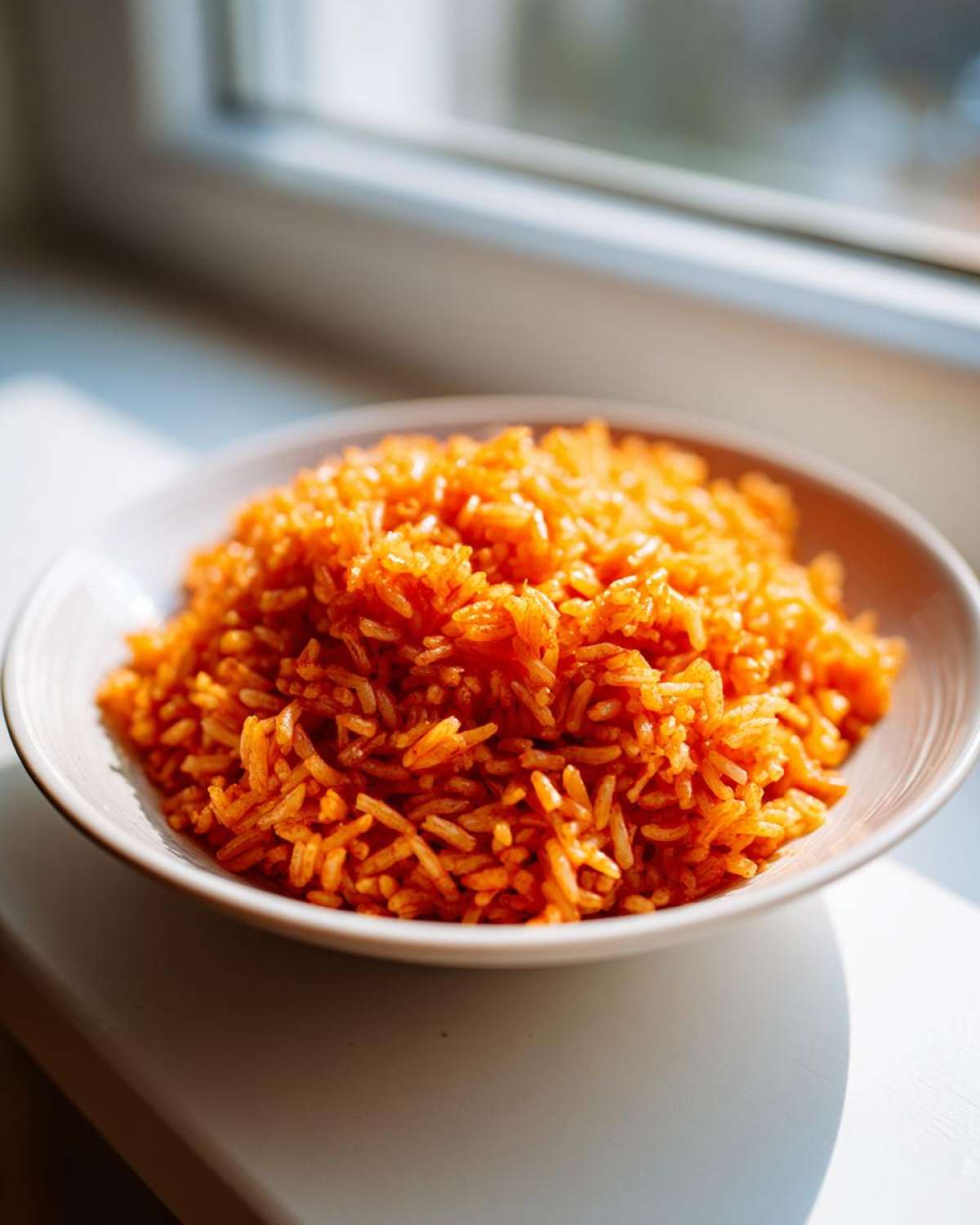 A close-up of a bowl filled with fluffy, vibrant orange Mexican Rice, sitting near a sunlit window.