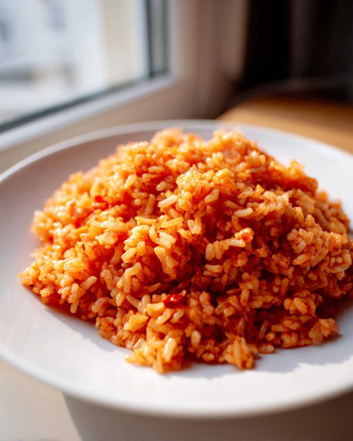 A mound of perfectly fluffy Mexican Rice, bright orange-red, served on a white plate near a window.