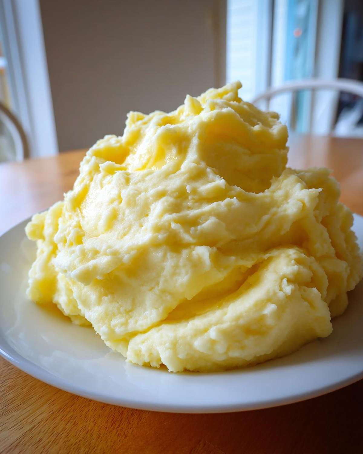 A large mound of creamy, fluffy Steakhouse Potatoes piled high on a white plate.