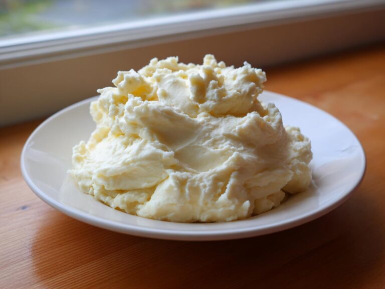 A generous mound of creamy, fluffy Steakhouse Potatoes served on a simple white plate near a window.