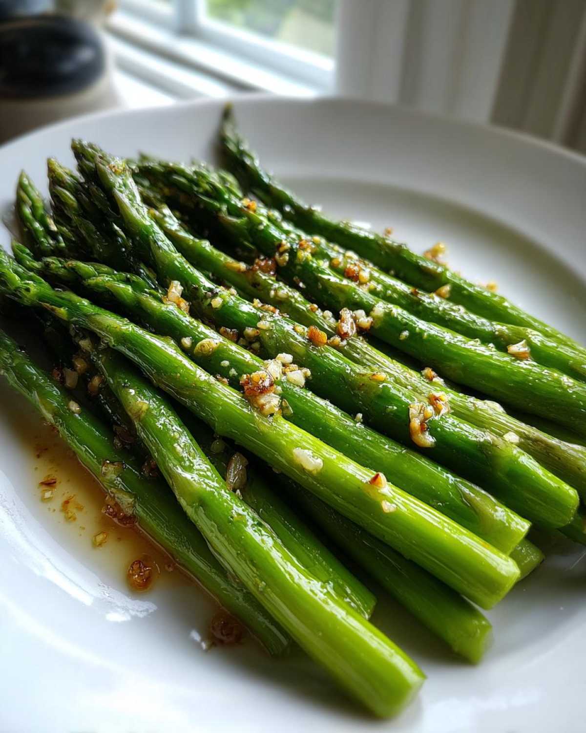 A close-up of bright green Garlic Butter Asparagus 15 Minutes Lina spears glistening with melted butter and minced garlic on a white plate.