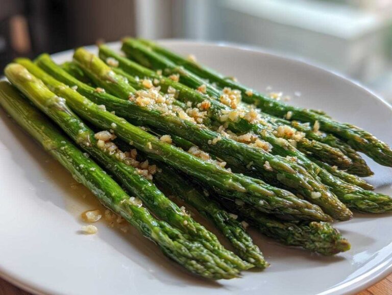 Bright green spears of Garlic Butter Asparagus 15 Minutes Lina, glistening with butter and topped with minced garlic, served on a white plate.