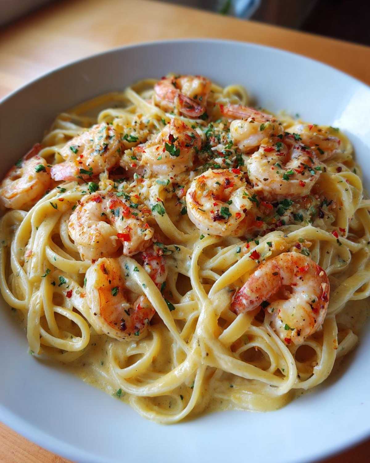 Close-up of creamy Garlic Butter Shrimp Pasta featuring linguine noodles and seasoned shrimp, garnished with parsley and red pepper flakes.
