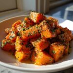 A mound of bright orange Garlic Parmesan Roasted Sweet Potatoes coated in herbs and cheese on a white plate.