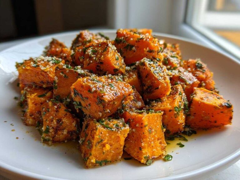 A close-up of vibrant orange Garlic Parmesan Roasted Sweet Potatoes tossed with herbs and cheese on a white plate.