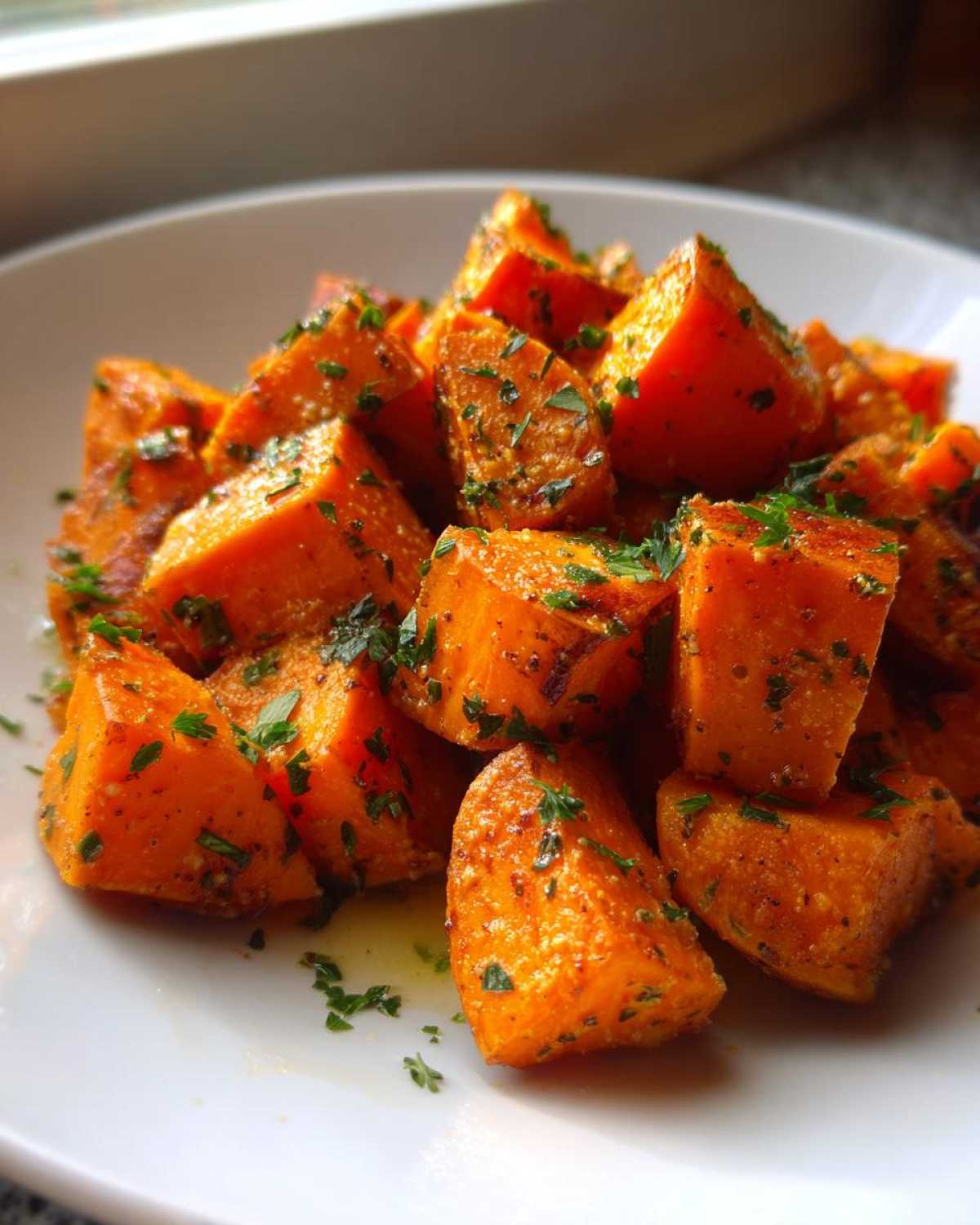 Close-up of vibrant orange Garlic Parmesan Roasted Sweet Potatoes sprinkled with fresh parsley on a white plate.