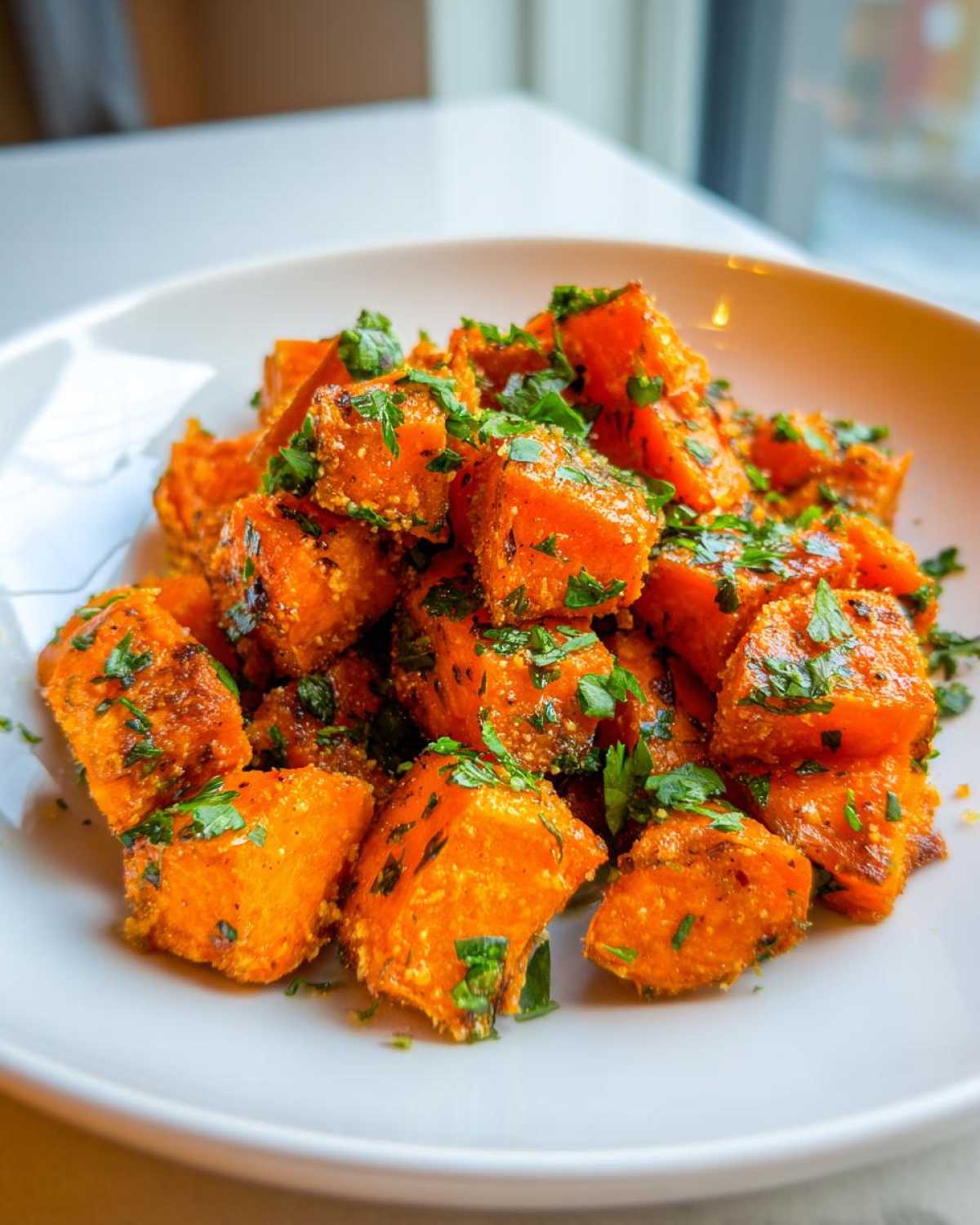 Close-up of bright orange Garlic Parmesan Roasted Sweet Potatoes topped with fresh chopped parsley in a white bowl.