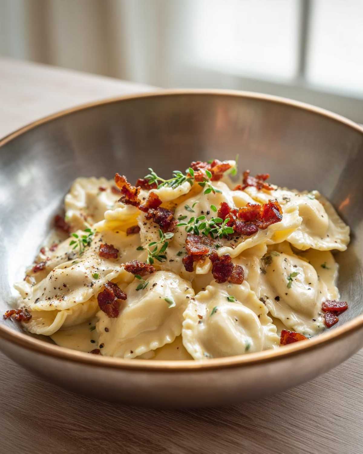 Close-up of Garlic Ravioli Carbonara Pasta tossed in a creamy sauce, topped with crispy bacon bits and fresh thyme.