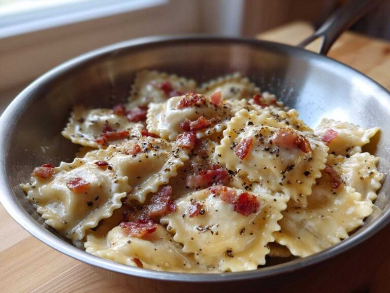 Close-up of creamy Garlic Ravioli Carbonara Pasta topped with crispy bacon bits and black pepper in a metal skillet.