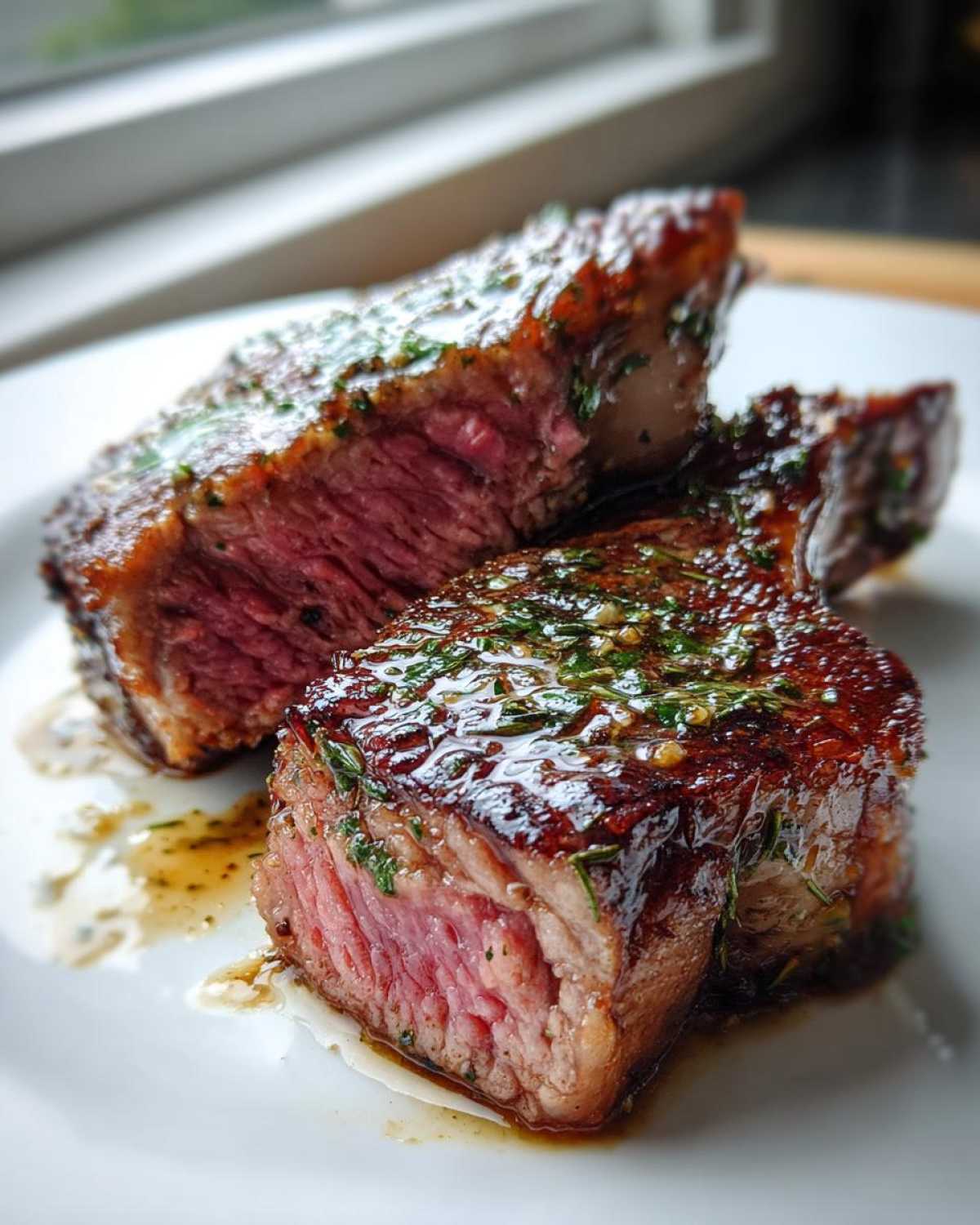 Two thick slices of medium-rare Garlic Rosemary Lamb Chops glistening with lemon butter sauce and herbs.