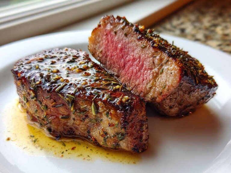 Close-up of two Garlic Rosemary Lamb Chops, sliced to show medium-rare interior, glistening with lemon butter sauce.