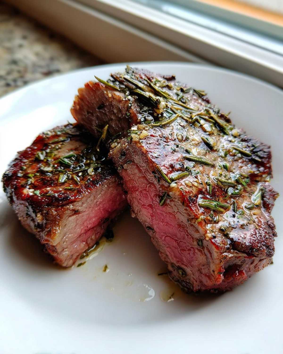 Two thick slices of medium-rare Garlic Rosemary Lamb Chops glistening with butter and herbs on a white plate.