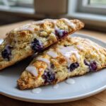 Two halves of freshly baked Blueberry Scones, drizzled with white glaze, resting on a white plate.