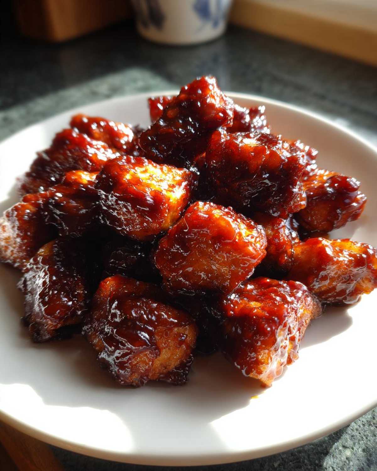 A close-up of sticky, glazed Bbq Chicken Bites piled high on a white plate, catching the sunlight.