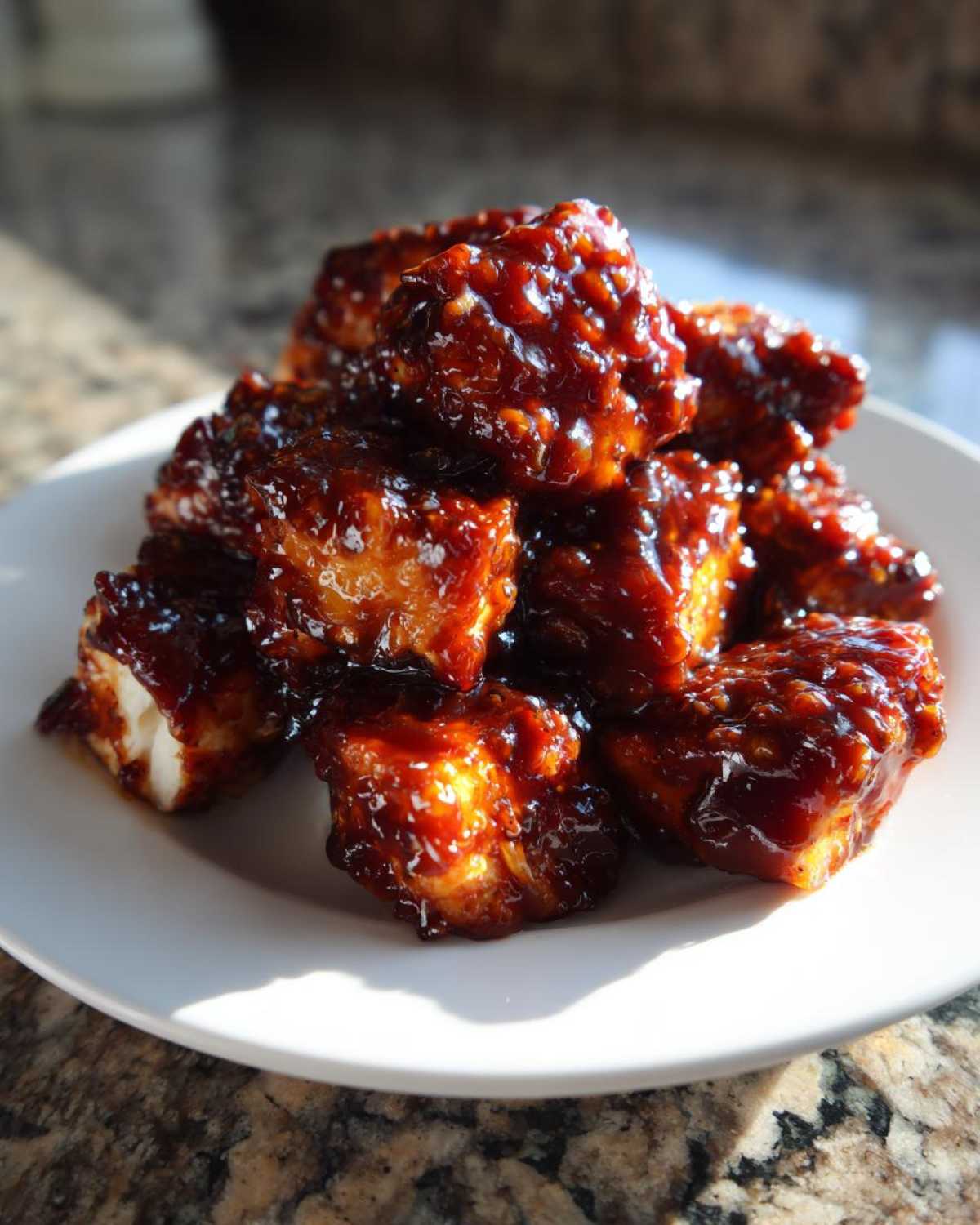 A close-up of a pile of glistening, saucy Bbq Chicken Bites stacked on a white plate.