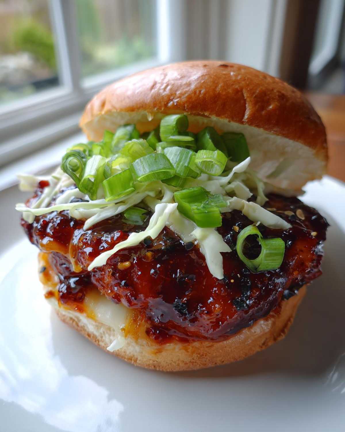 A close-up of a juicy Gochujang Chicken Burger featuring a glossy, spicy coating, topped with shredded cabbage and fresh green onions on a brioche bun.