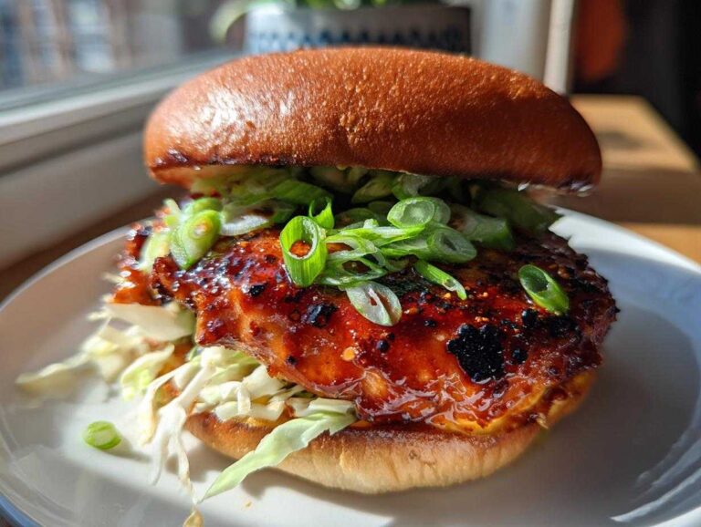 Close-up of a juicy Gochujang Chicken Burger featuring a glossy, caramelized patty topped with fresh green onions.