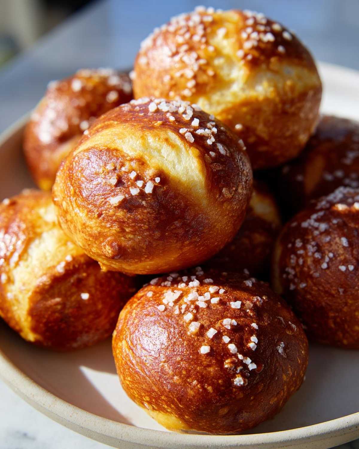 A close-up of several freshly baked Pretzel Bites piled on a light-colored plate, glistening and topped with coarse salt.