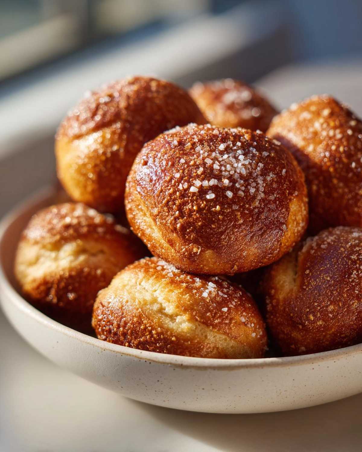 A close-up of warm, golden brown Pretzel Bites sprinkled generously with coarse salt in a speckled ceramic bowl.